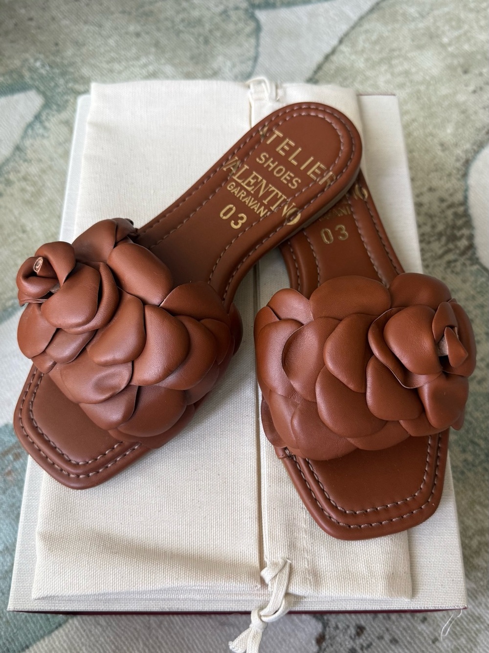 Valentino Garavani Tan Braided Floral Leather Slide Sandals